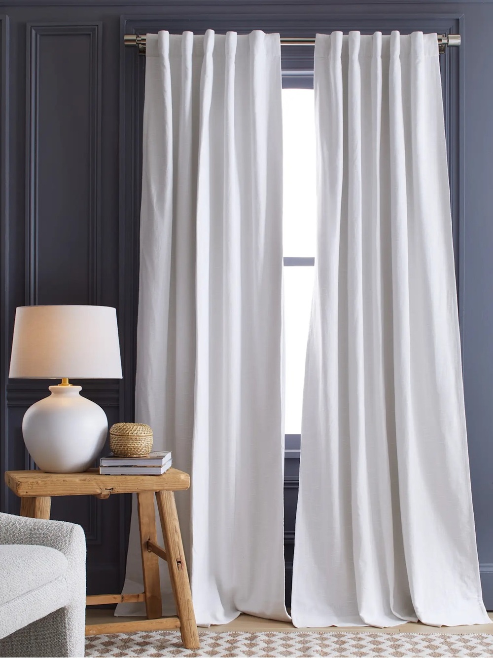 QUINCE Set Of 2 48x96 Cotton Slub Room Darkening Curtains White 0069